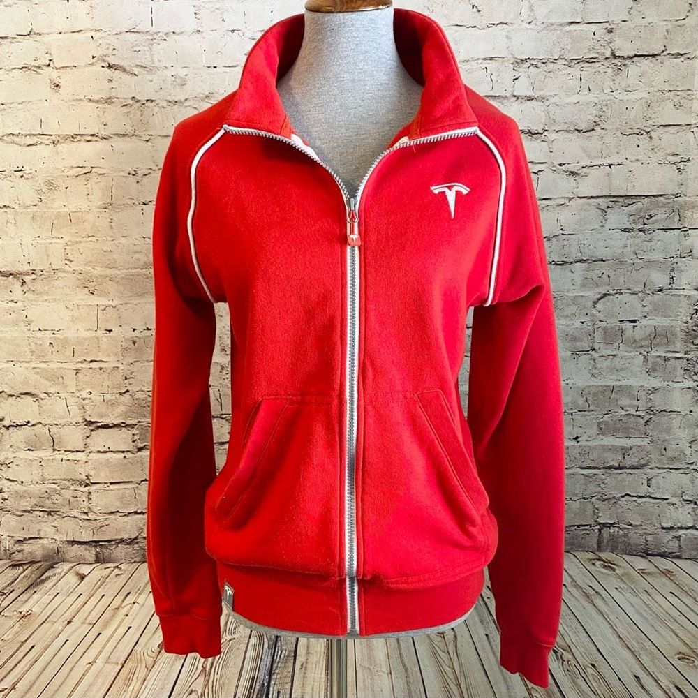 Tesla Red Full Zip Sweater Jacket White Piping Logo Women’s Size Small